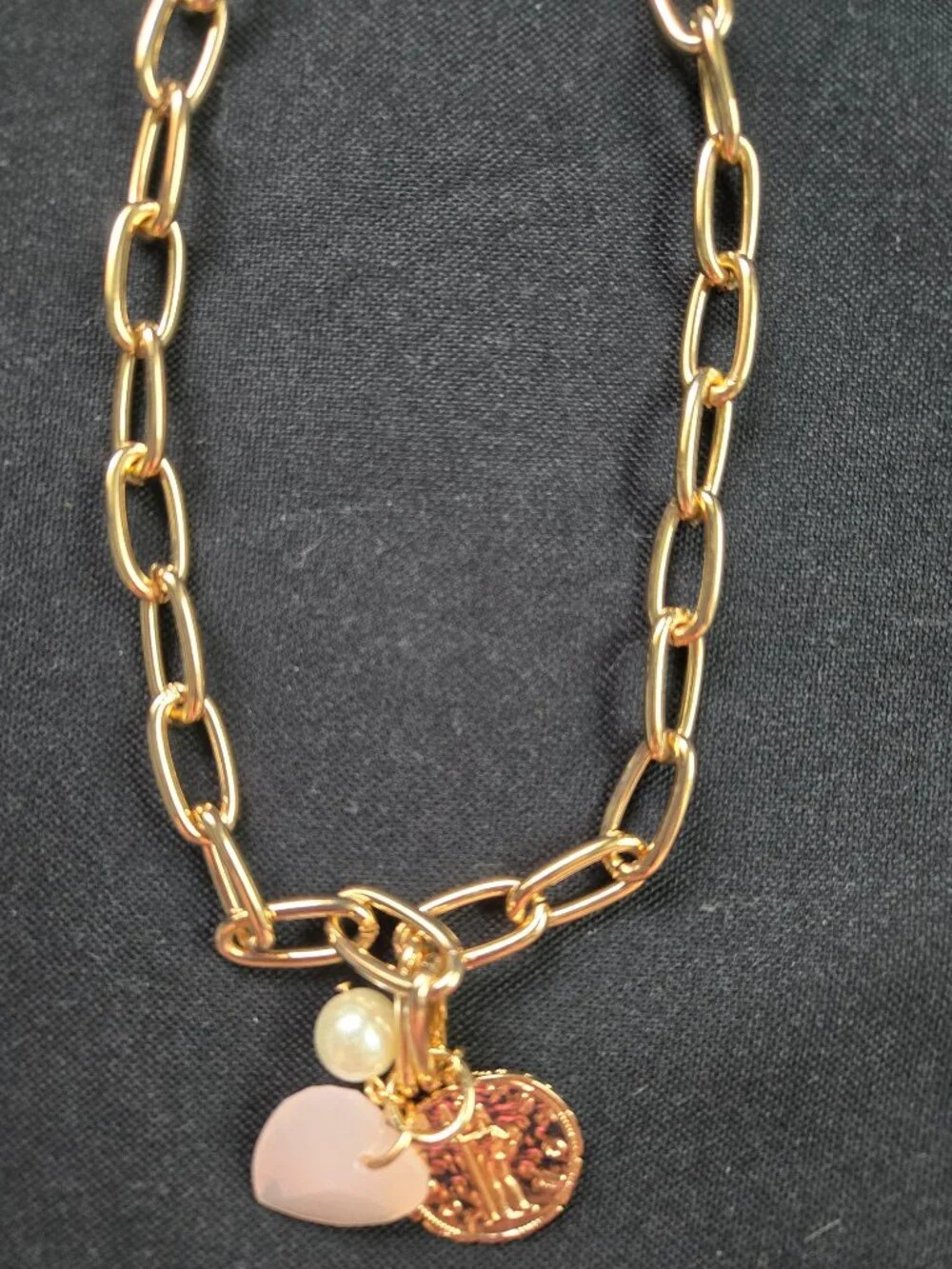 J.CREW Puffy Heart Pearl Coin Charms Gold Necklace, Retails $49.50 NWT!